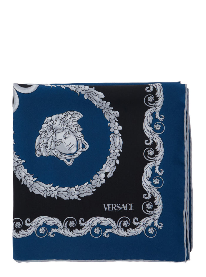Blue Scarf with All-Over Baroque motif In Silk for Men Blu Scarfs And Foulards
