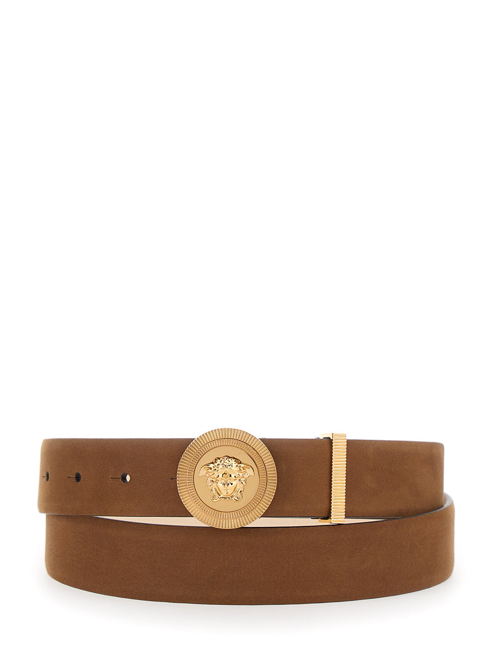 Brown Belt with Medusa Head Buckle in Suede for Men Calf