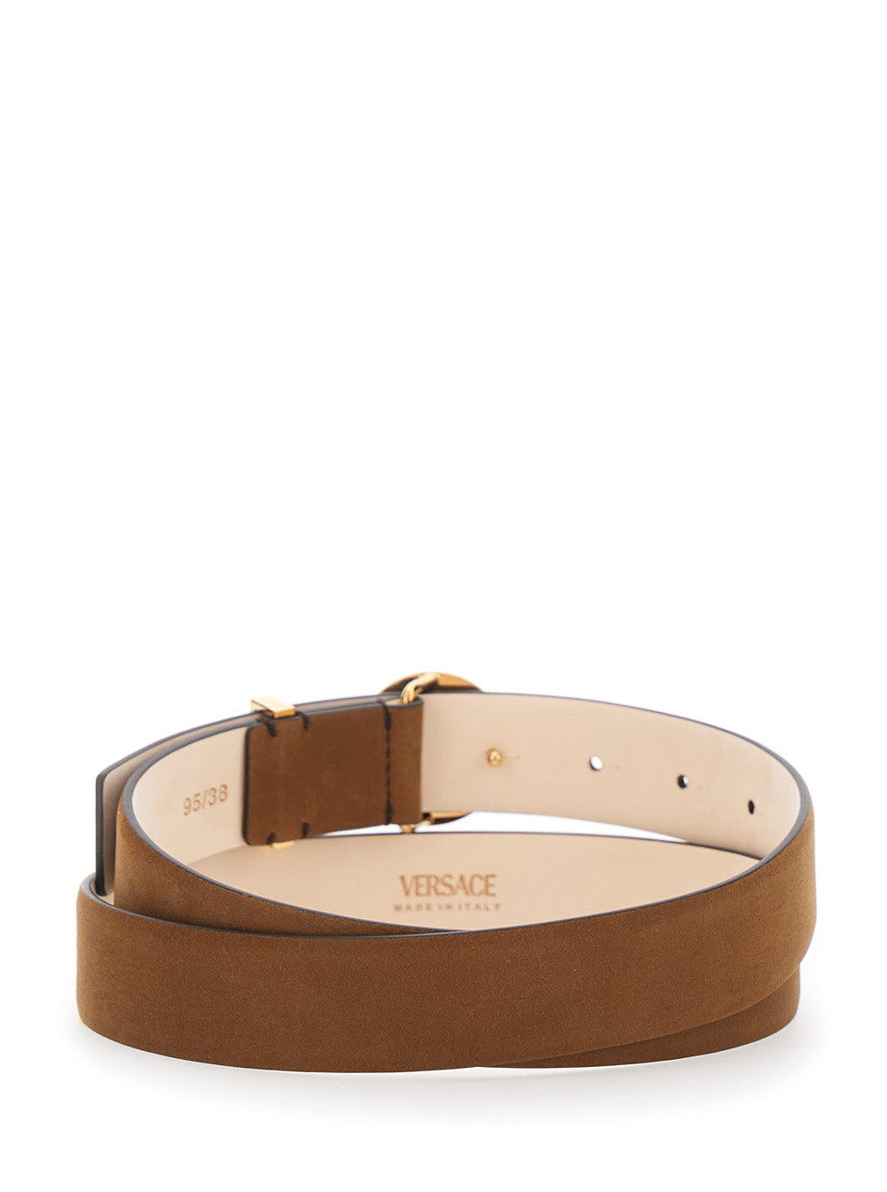 Brown Belt with Medusa Head Buckle in Suede for Men Calf