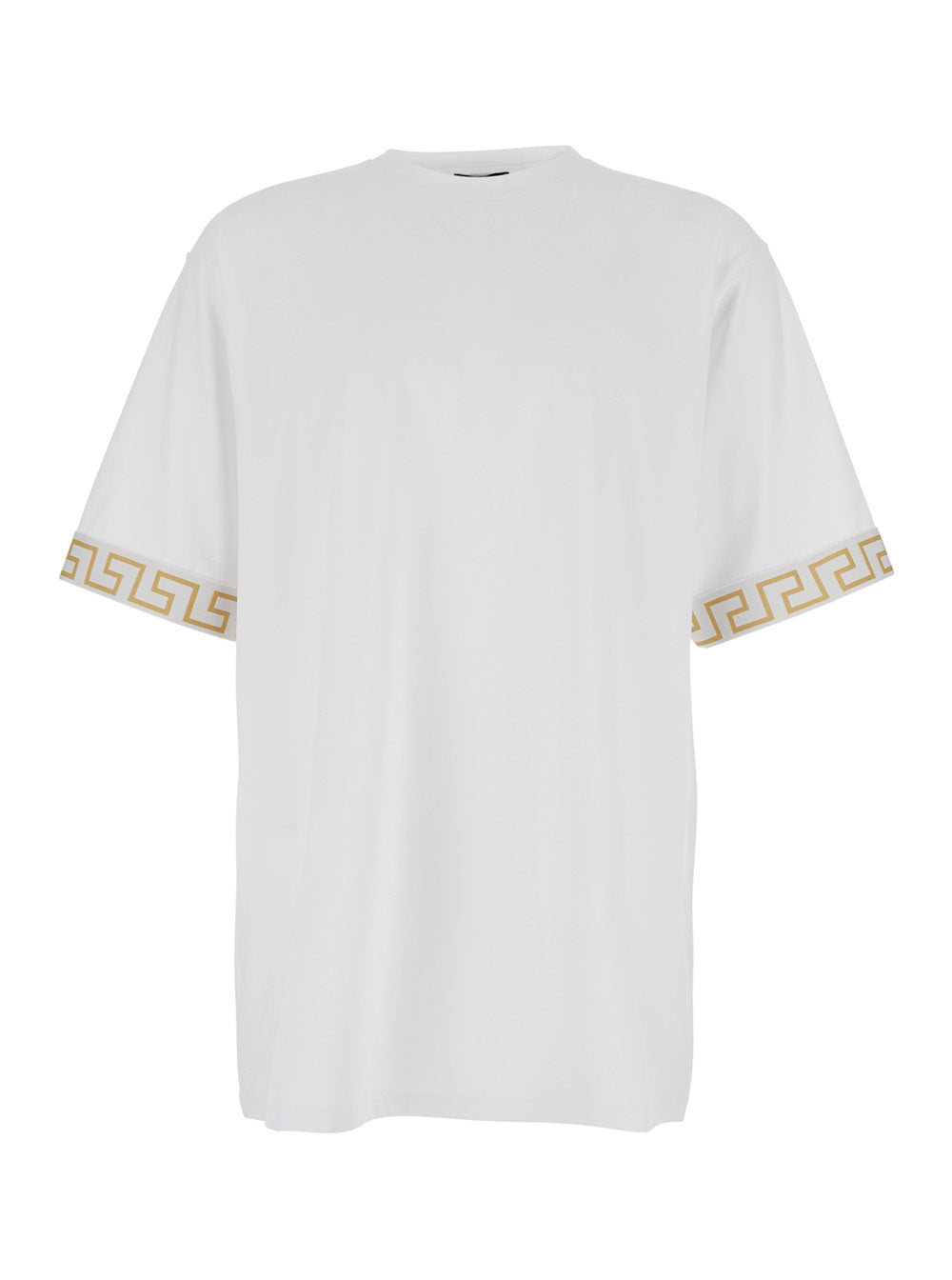 White Crew Neck T-Shirt with Greca Motif on the Sleeves in Tech Fabric Men Elastane Nylon Tshirts And Polo Shirts