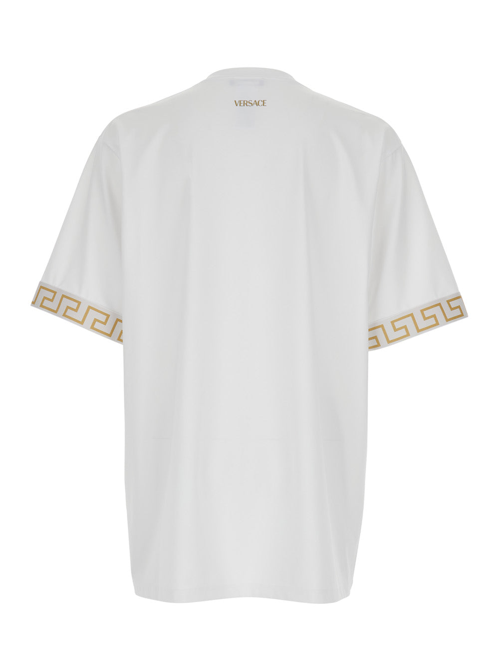 White Crew Neck T-Shirt with Greca Motif on the Sleeves in Tech Fabric Men Elastane Nylon Tshirts And Polo Shirts