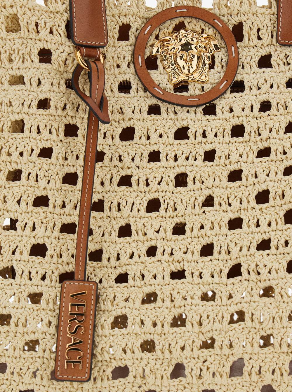 La Medusa Beige Tote bag with Logo Plate and Removable Pendant in Raffia for Women
