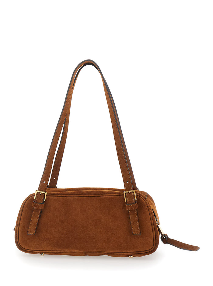 Shoulder Bag Tag Bowling With Metallic Lettering Logo And Medusa Head Pendant Brown Suede For Women