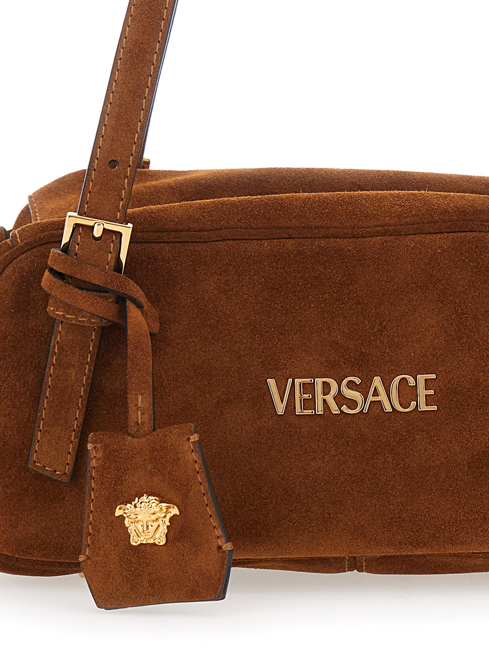 Shoulder Bag Tag Bowling With Metallic Lettering Logo And Medusa Head Pendant Brown Suede For Women