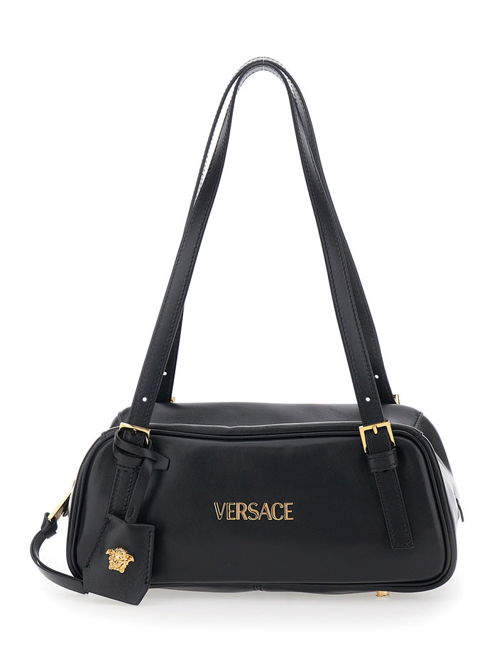 Tag Bowling Black Shoulder Bag with Metallic Lettering Logo and Medusa Head Pendant in Leather for Women Lamb