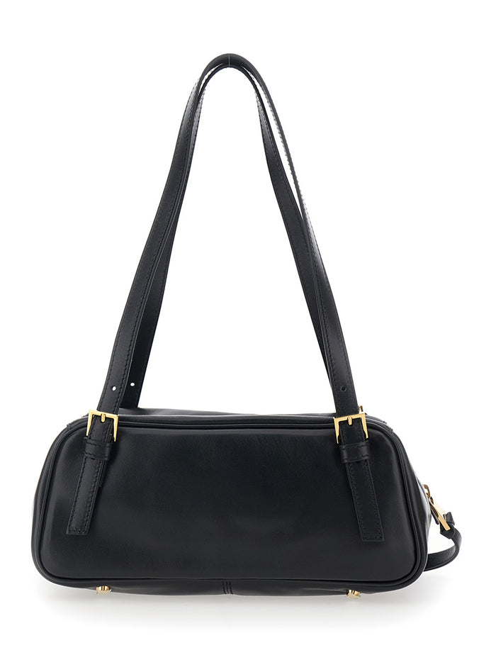 Tag Bowling Black Shoulder Bag with Metallic Lettering Logo and Medusa Head Pendant in Leather for Women Lamb