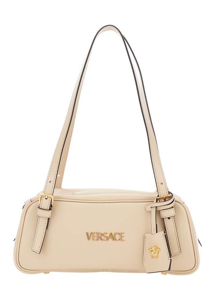 White Tag Bowling Shoulder Bag with Metallic Lettering Logo and Medusa Head Pendant in Leather for Women Lamb