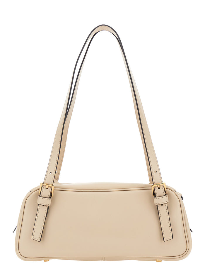 White Tag Bowling Shoulder Bag with Metallic Lettering Logo and Medusa Head Pendant in Leather for Women Lamb