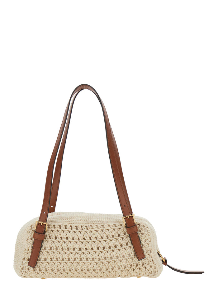 Beige Shoulder Bag Tag Bowling With Metallic Lettering Logo And Raffia Medusa Head Pendant For Women