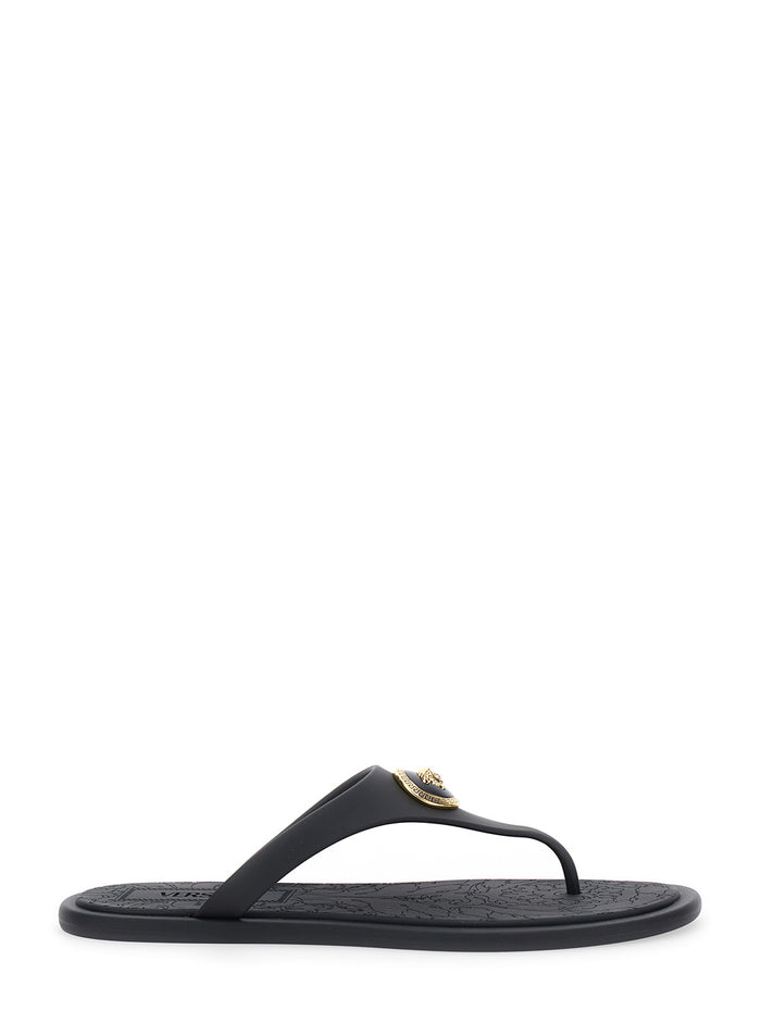 Black Sandals with Medusa Detail In Rubber for Women Thermoplastic Polyurethane Flat Shoes