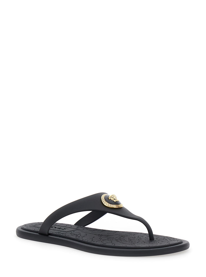 Black Sandals with Medusa Detail In Rubber for Women Thermoplastic Polyurethane Flat Shoes