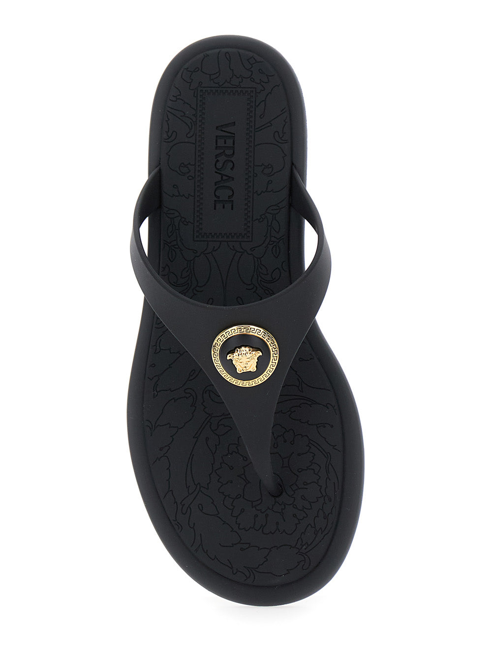 Black Sandals with Medusa Detail In Rubber for Women Thermoplastic Polyurethane Flat Shoes