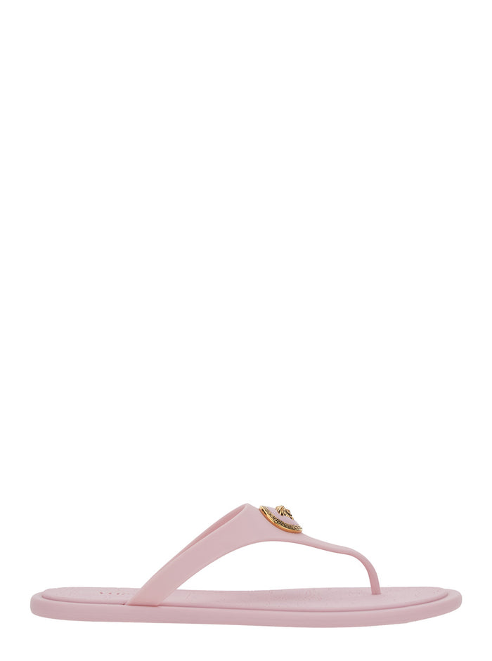 Pink Gianni Ribbon Sandals with Metallic Medusa Head on the Front in Rubber for Women Thermoplastic Polyurethane Flat Shoes