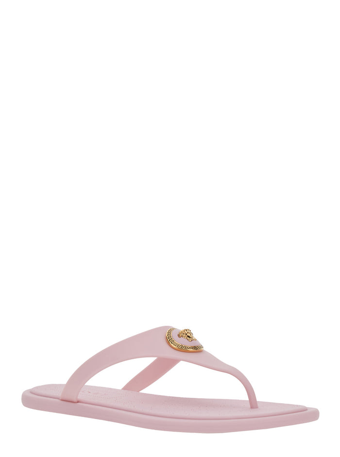Pink Gianni Ribbon Sandals with Metallic Medusa Head on the Front in Rubber for Women Thermoplastic Polyurethane Flat Shoes