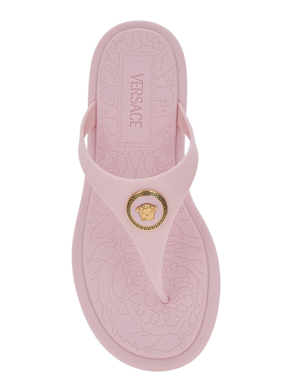 Pink Gianni Ribbon Sandals with Metallic Medusa Head on the Front in Rubber for Women Thermoplastic Polyurethane Flat Shoes