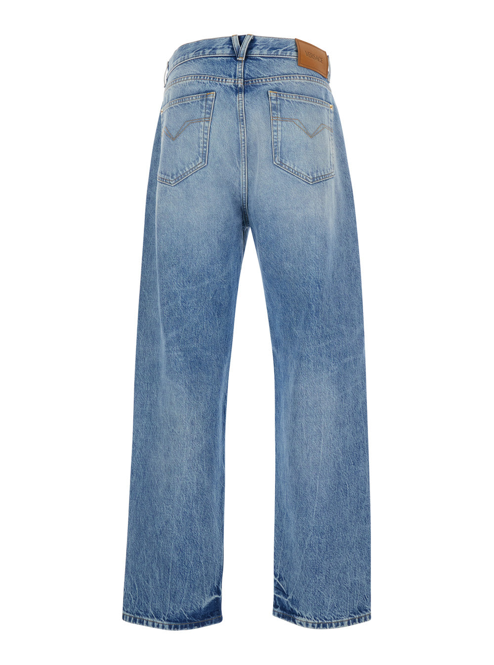 Light Blue Jeans with Logo Patch on the Back and Faded Effect in Denim for Men Cotton