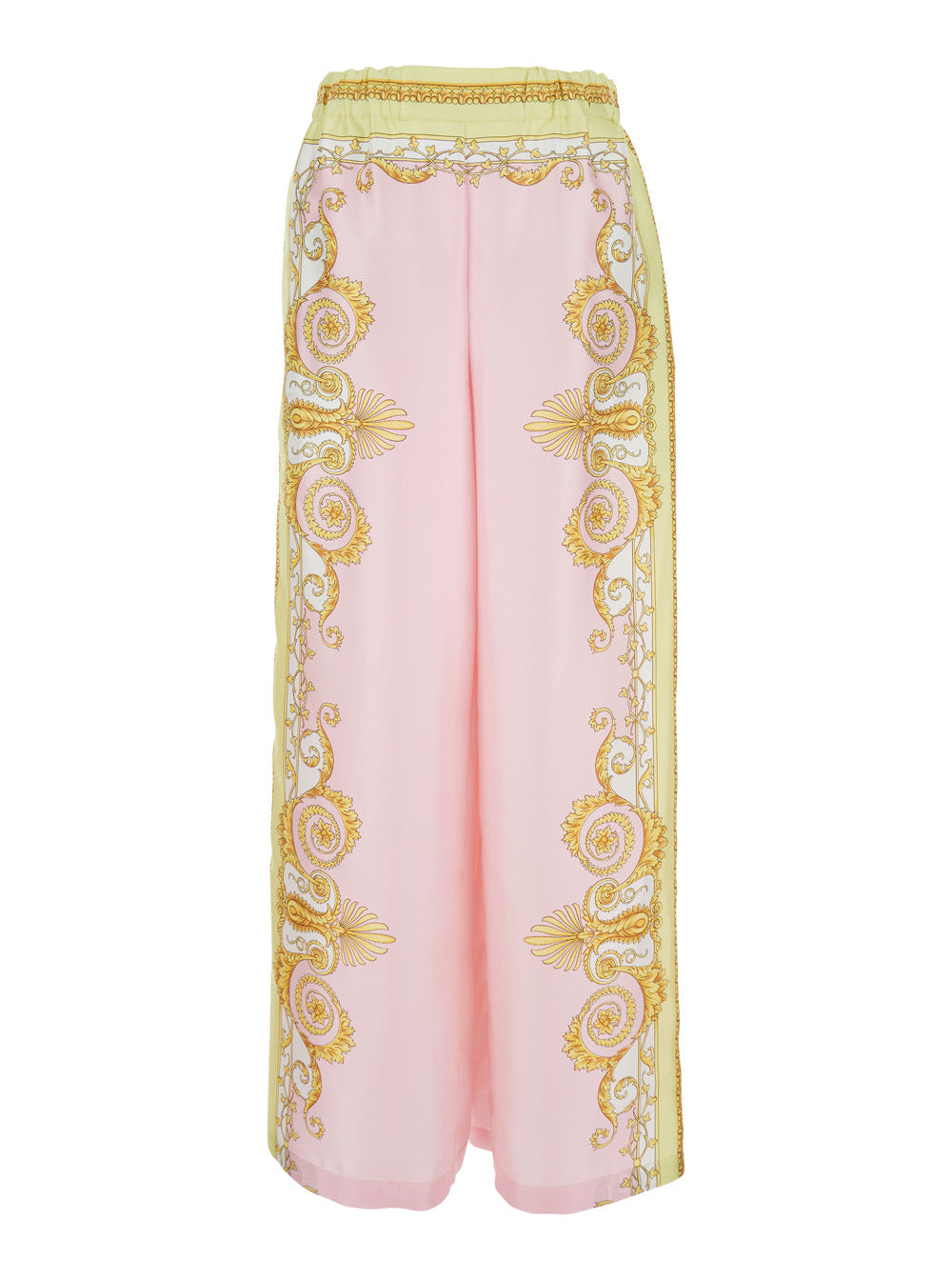 Multicolor Pants with Elasticated Waist and All-Over Baroque Print in Silk for Women Trousers