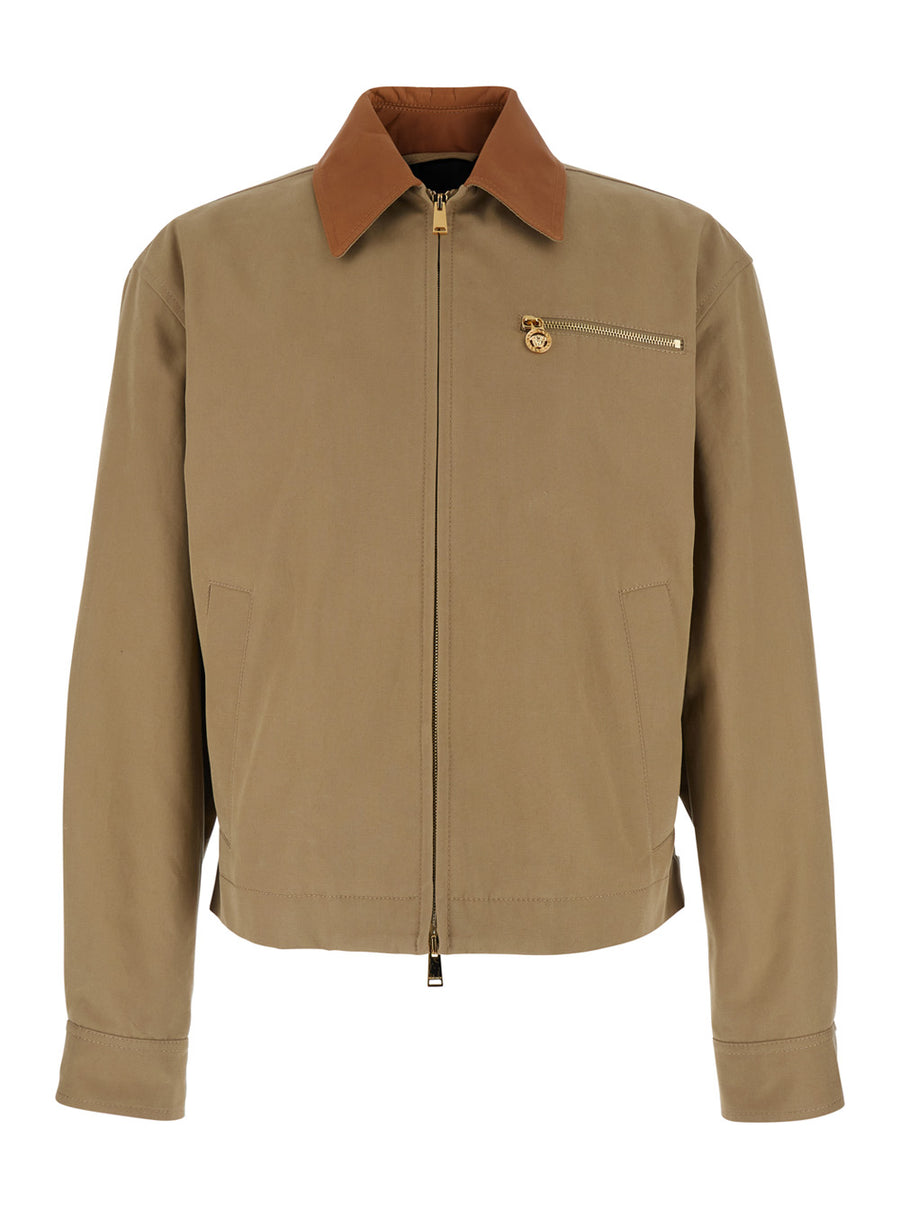 Jacket With Leather Collar, Beige Cotton Coat