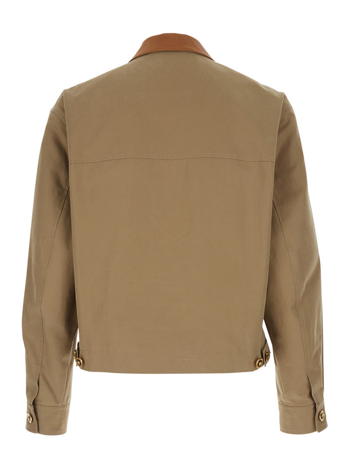 Beige Jacket with Leather Collar and Medusa Head Metallic Detail in Cotton for Men Outerwear
