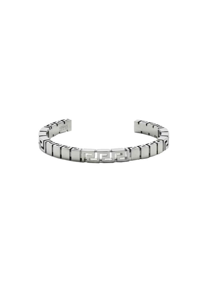 Silver Bracelet with Greca Motif and Logo Lettering Impressed in Brass for Men Metallic