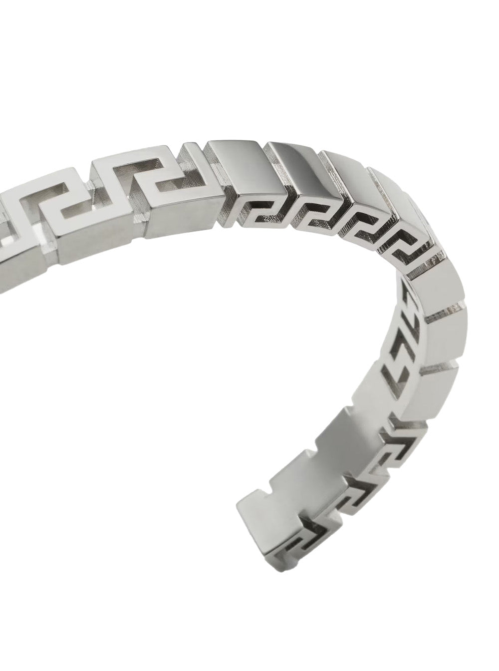 Silver Bracelet with Greca Motif and Logo Lettering Impressed in Brass for Men Metallic