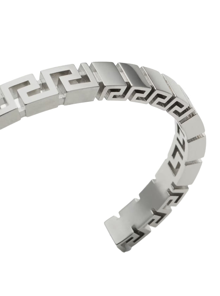 Silver Bracelet with Greca Motif and Logo Lettering Impressed in Brass for Men Metallic