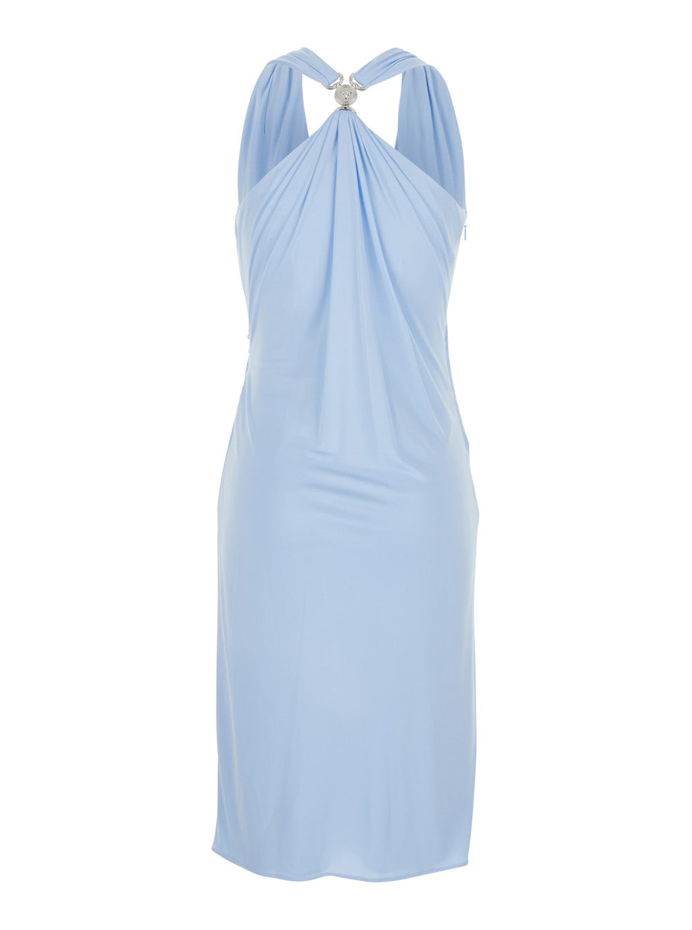 Light Blue Midi Dress With V-Neck And Medusa Plaque On The Back Viscose For Women