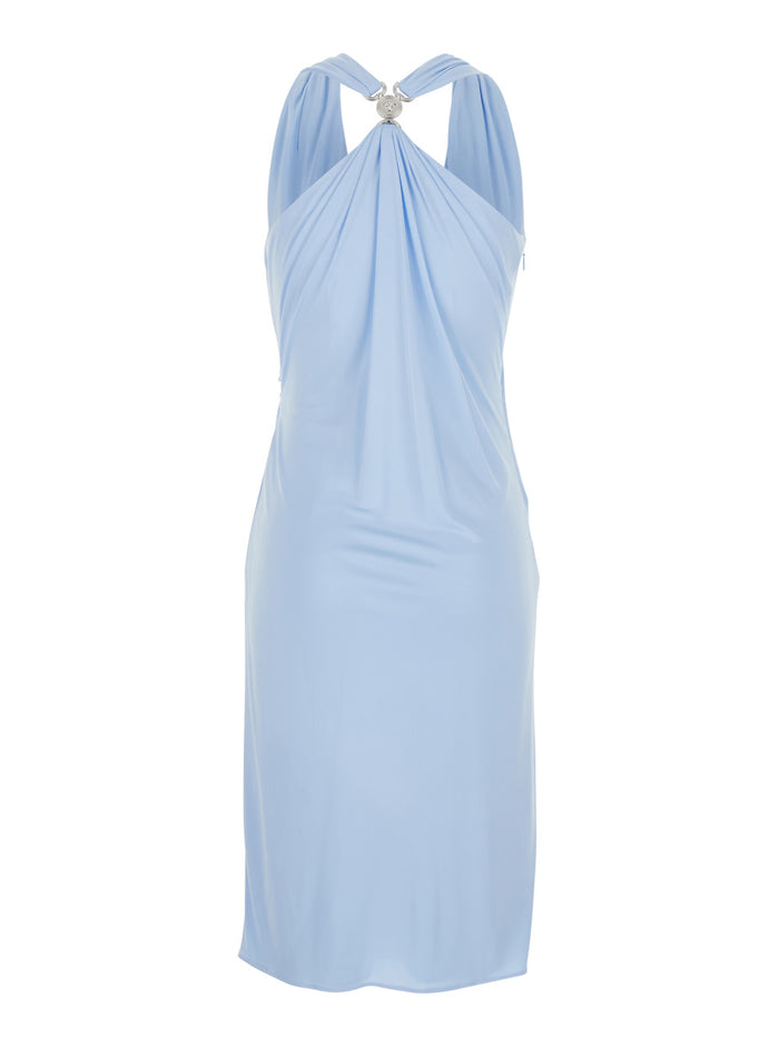 Light Blue Midi Dress With V-Neck And Medusa Plaque On The Back Viscose For Women