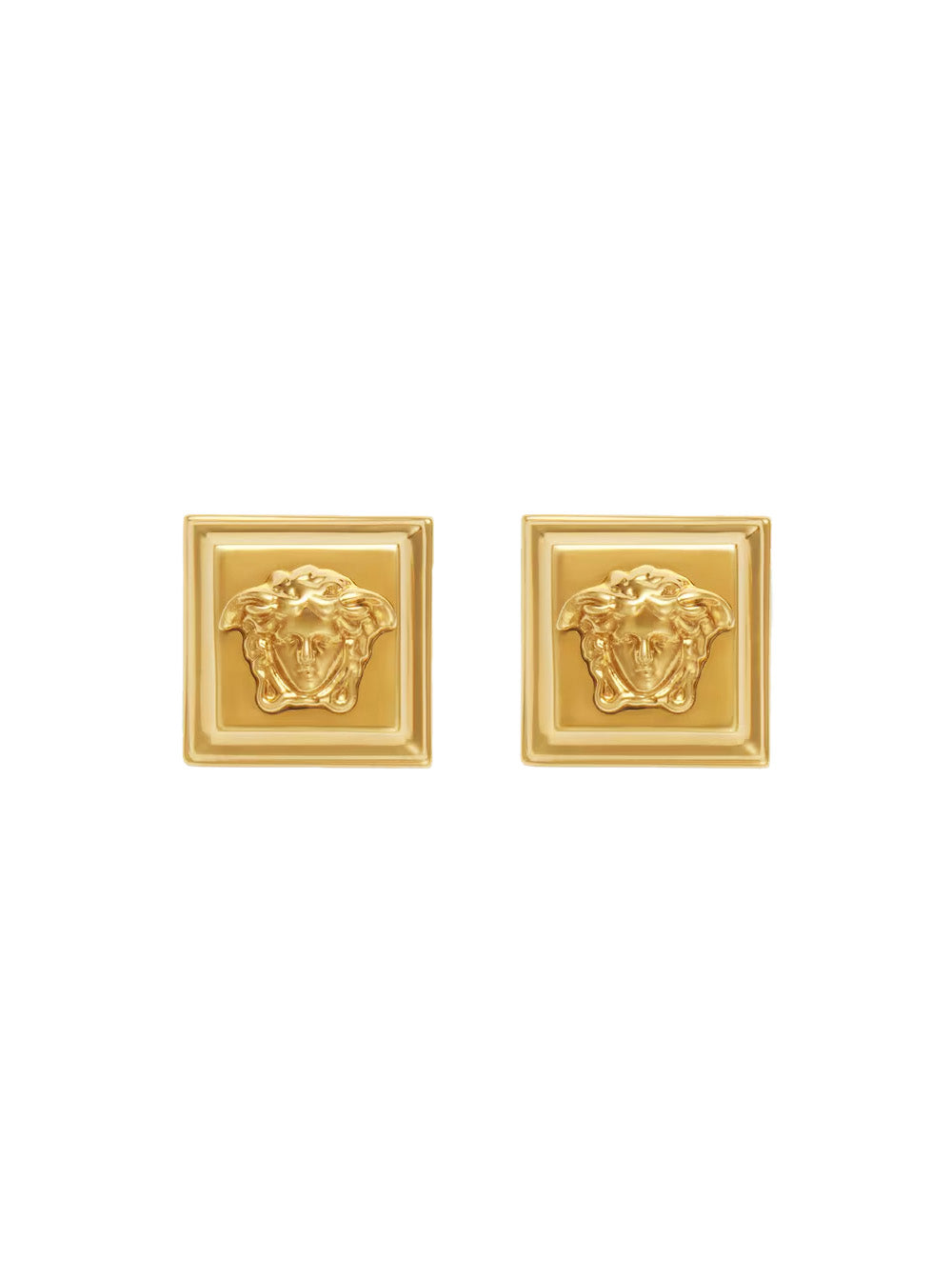 Square Design Earrings with Medusa Head Details in Gold-Colored Brass for Women Metallic