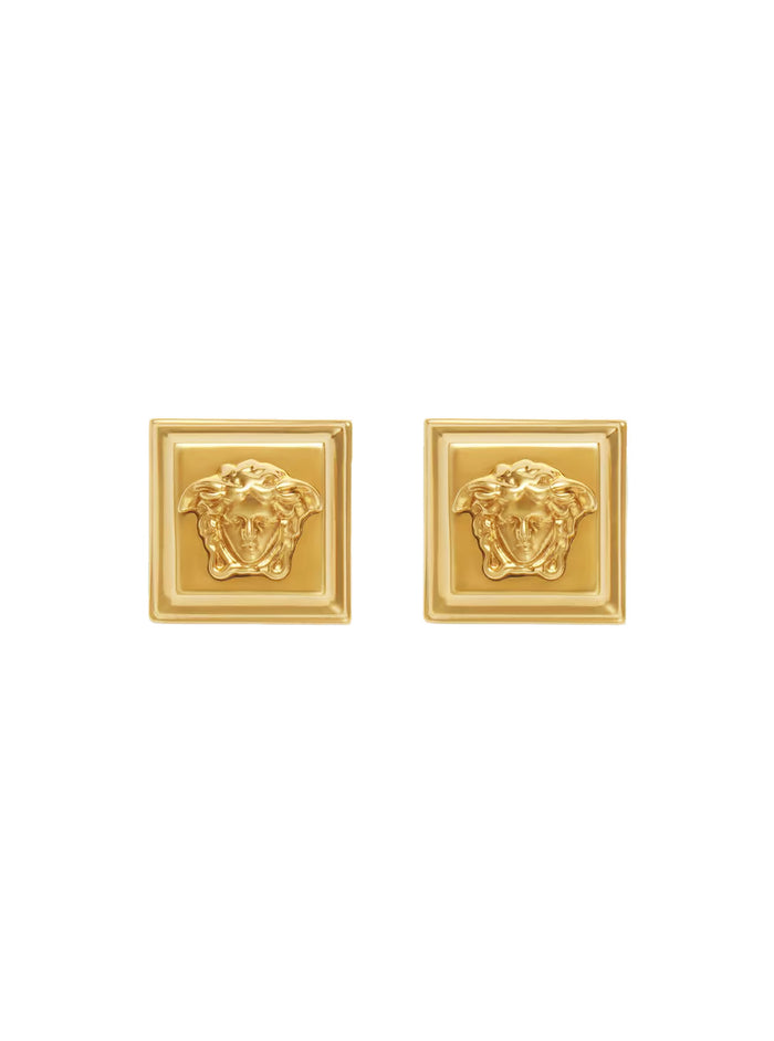 Square Design Earrings with Medusa Head Details in Gold-Colored Brass for Women Metallic