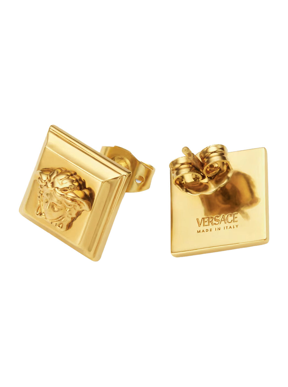 Square Design Earrings with Medusa Head Details in Gold-Colored Brass for Women Metallic
