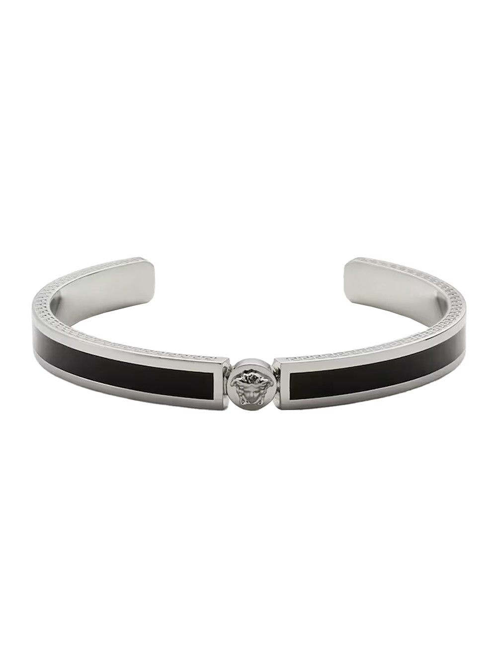 Black Enamelled Rigid Bracelet With Medusa Plate And Greek Engraving Brass For Men