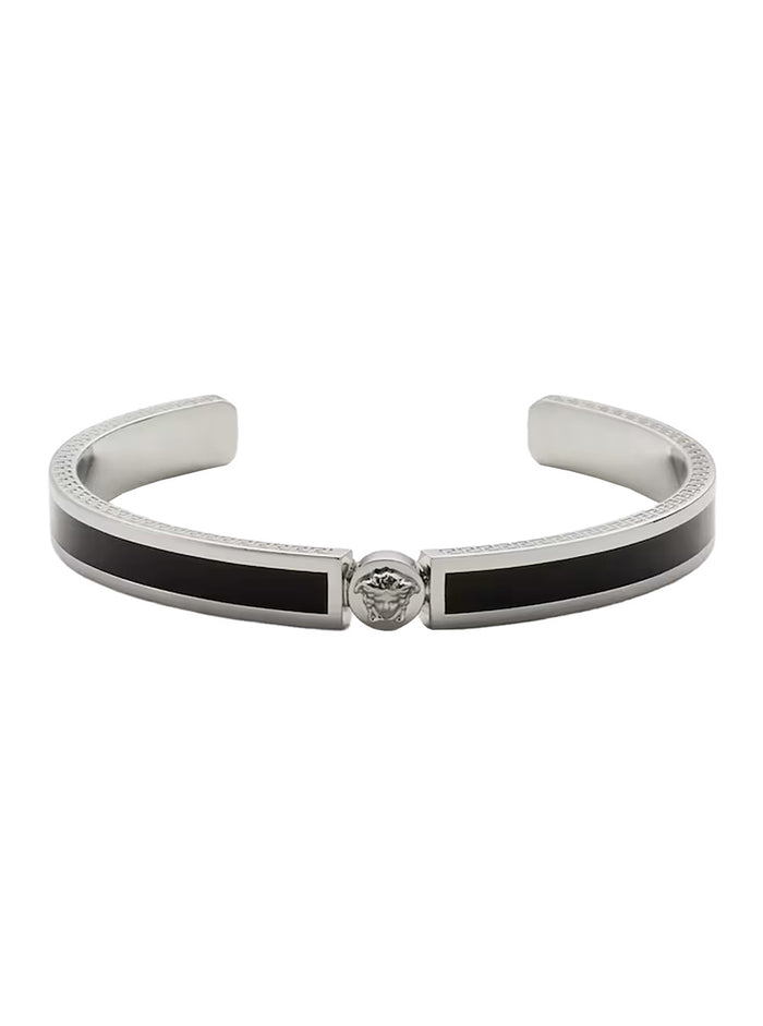 Black Enamelled Rigid Bracelet With Medusa Plate And Greek Engraving Brass For Men