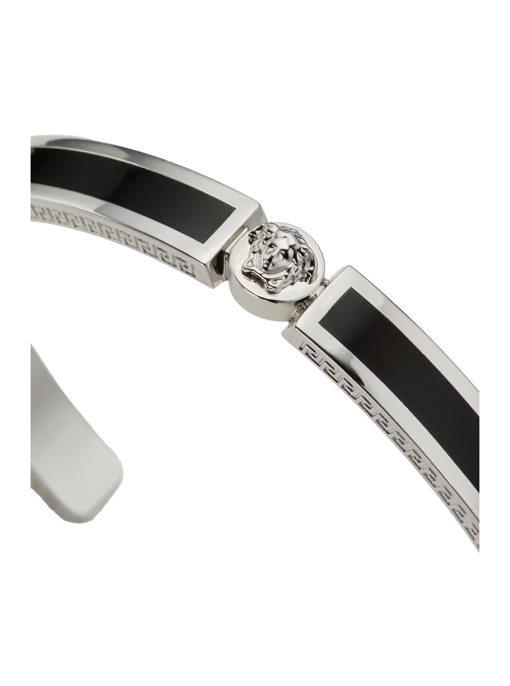 Black Enamelled Rigid Bracelet With Medusa Plate And Greek Engraving Brass For Men