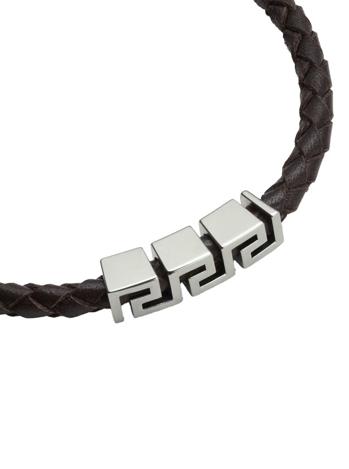 Black Bracelet with Metal Plate and Pendant Detail in Leather for Men Metallic Calf