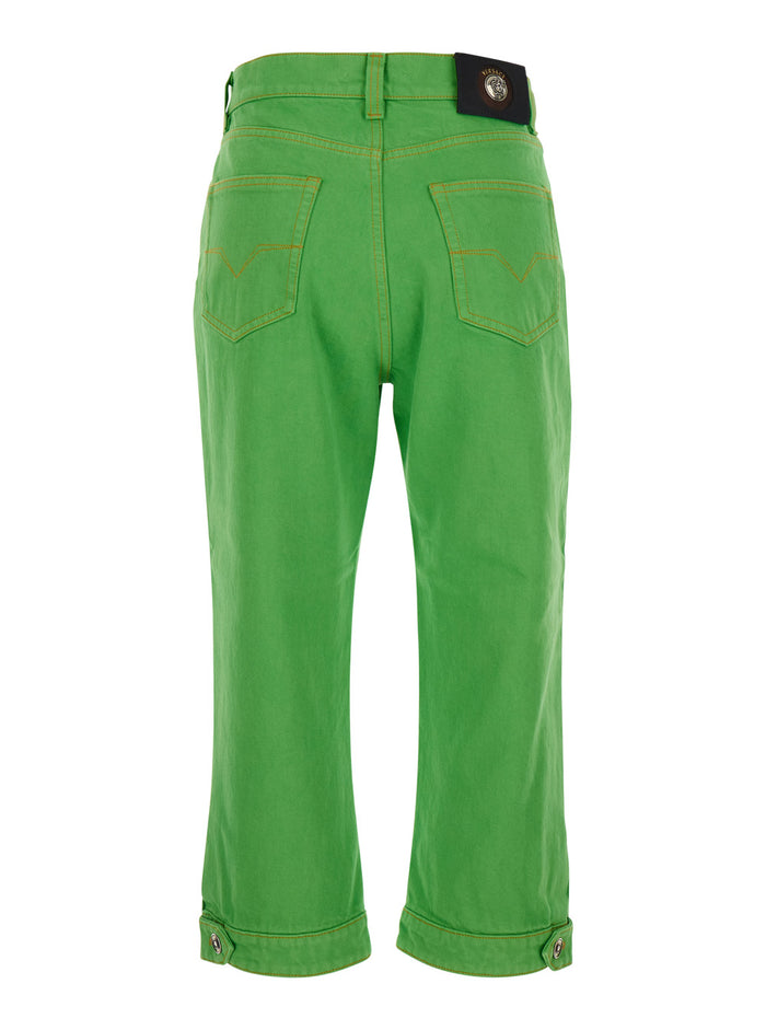 Capri Green Five-Pocket Jeans With Medusa Patch On The Back Cotton For Women