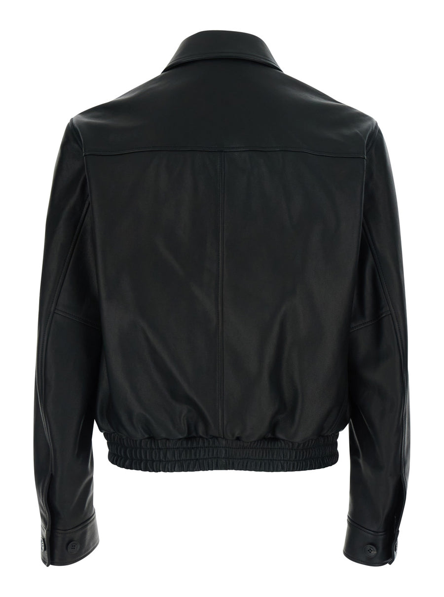 Leather Jacket With High Collar Black Lamb Coat