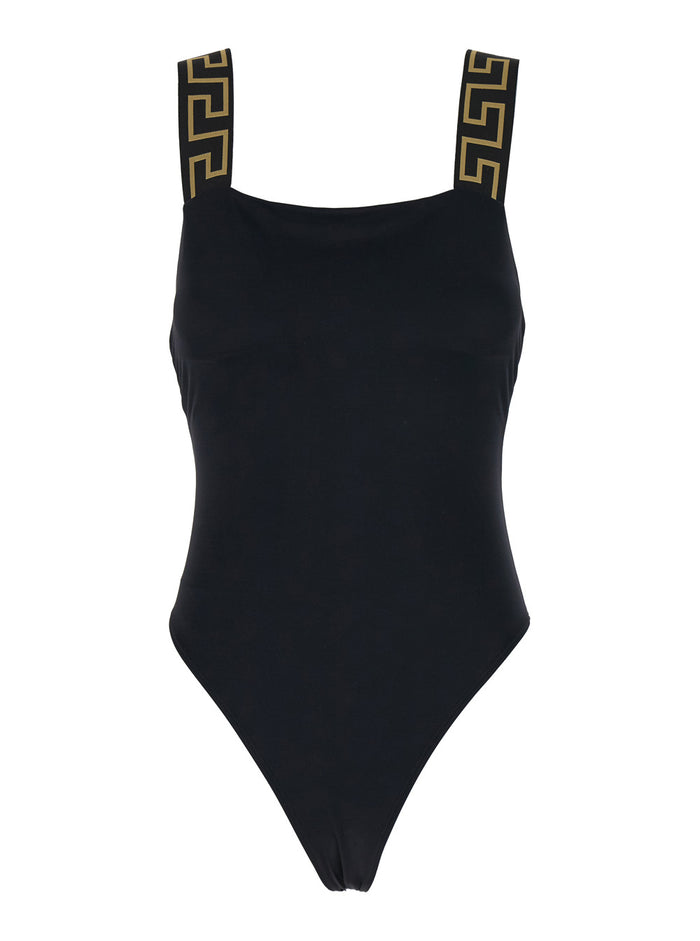 Black One-Piece Swimsuit with Greca Detail in Tech Fabric for Women Nylon Elastane Beachwear