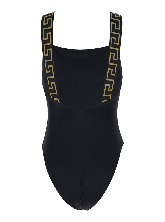Black One-Piece Swimsuit with Greca Detail in Tech Fabric for Women Nylon Elastane Beachwear