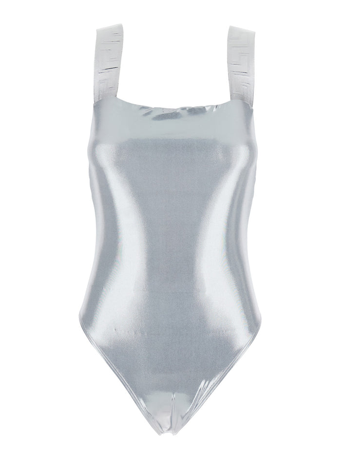 One-Piece Swimsuit with Greca Detail on the Straps in Stretch Tech Fabric for Women Metallic Polyester Elastane Beachwear