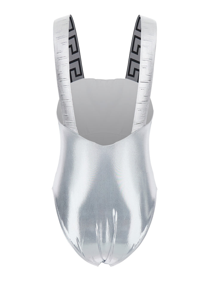 One-Piece Swimsuit with Greca Detail on the Straps in Stretch Tech Fabric for Women Metallic Polyester Elastane Beachwear