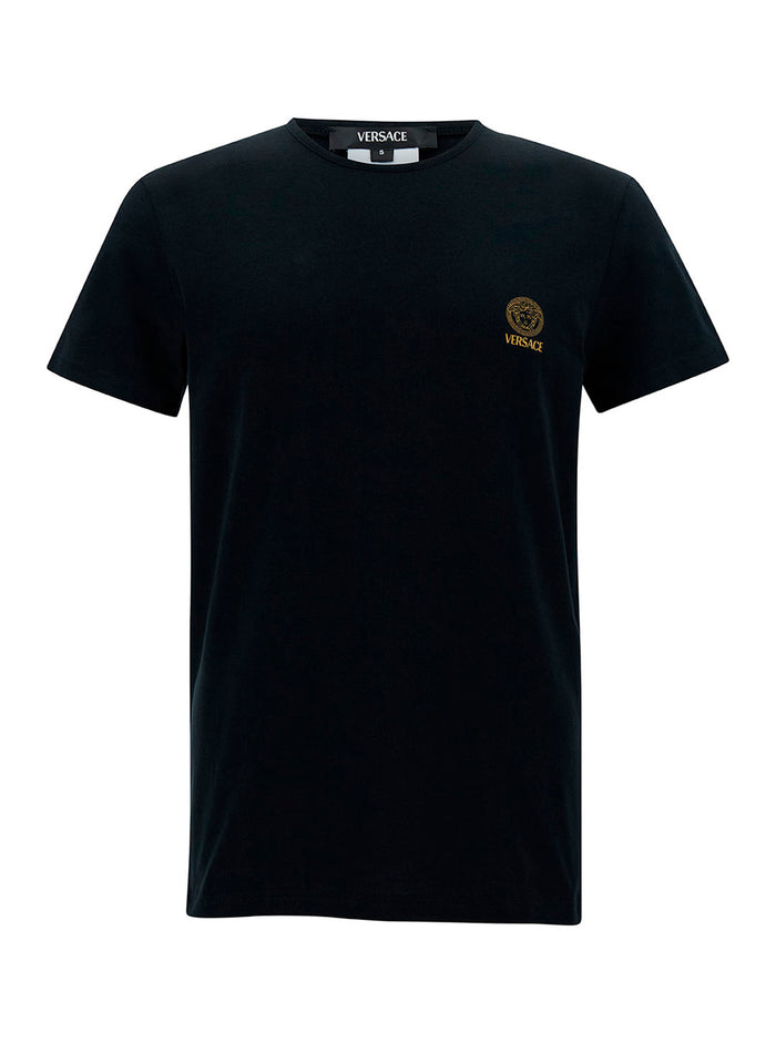 Black Crew Neck T-Shirt with Medusa Print in Stretch Cotton for Men Elastane Tshirts And Polo Shirts