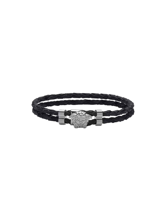 Black Bracelet with Medusa Head Metal Plate in Leather for Men Metallic Calf