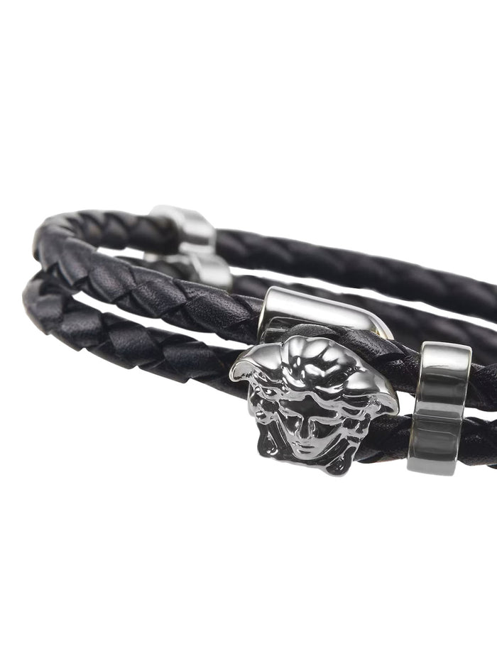 Black Bracelet with Medusa Head Metal Plate in Leather for Men Metallic Calf