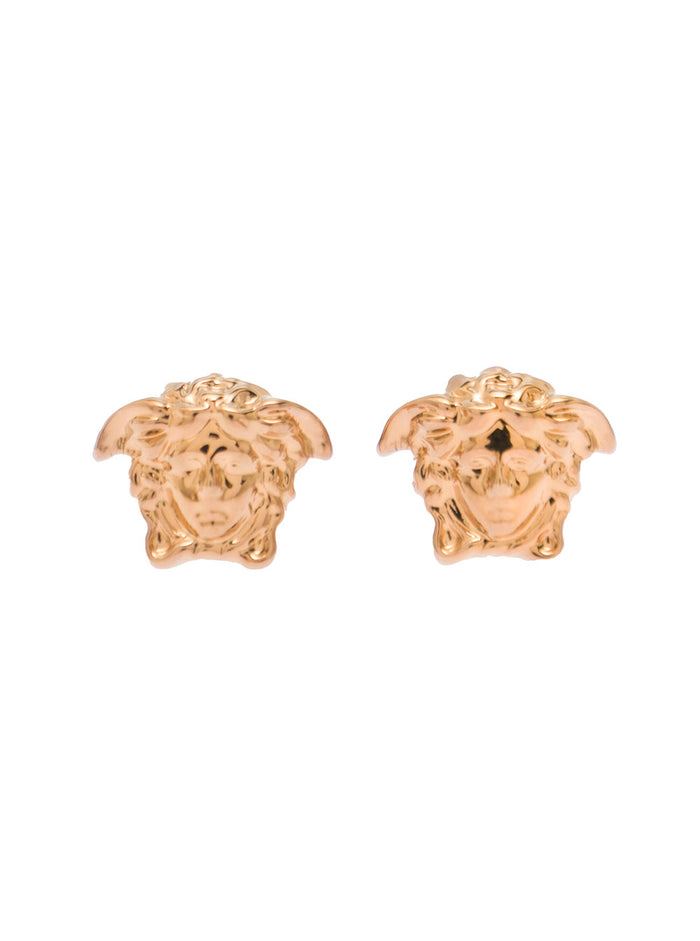 Medusa Head Earrings in Gold Brass Metallic Metal