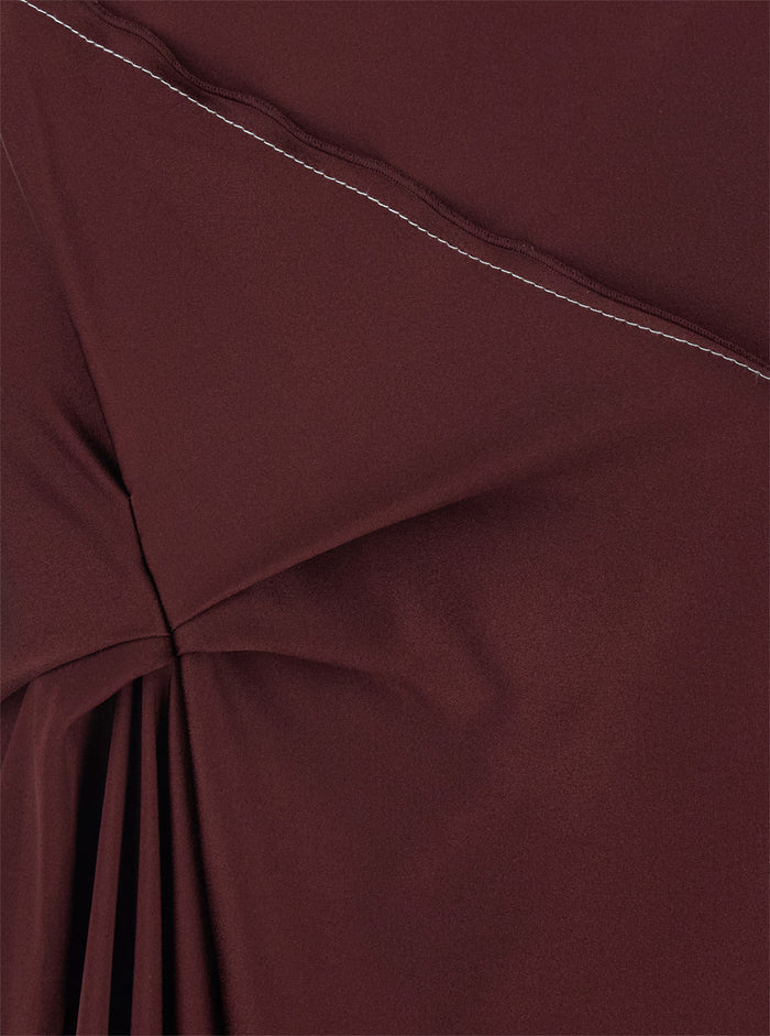 Bordeaux Draped Neck Midi Dress with Asymmetric Hem for Women Acetate Viscose Long