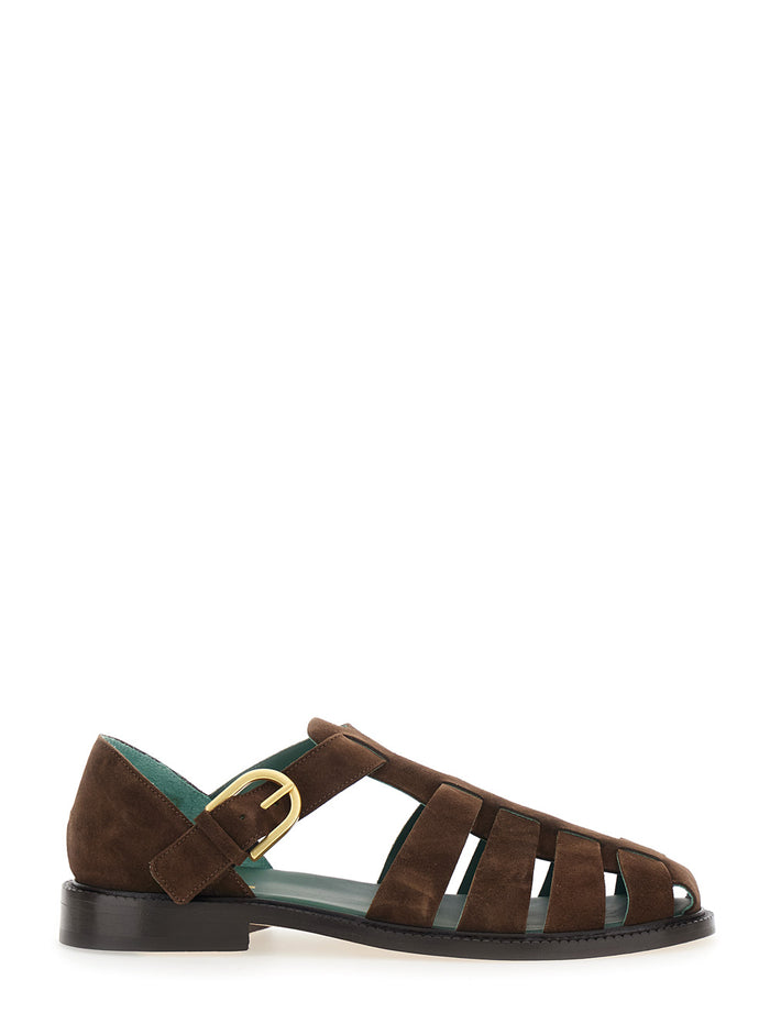 Brown Cage Design Sandals with Suede Closure for Men Flat Shoes