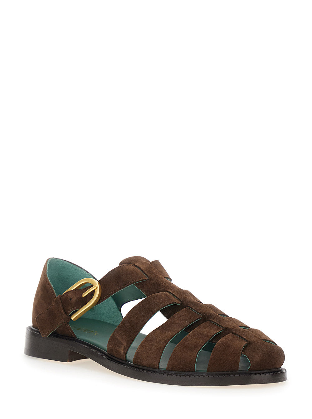 Brown Cage Design Sandals with Suede Closure for Men Flat Shoes