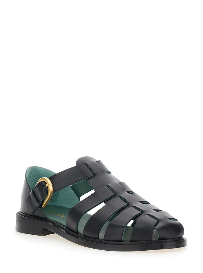 Mens Black Leather Cage Design Sandals with Buckle Closure Nappa Flat Shoes