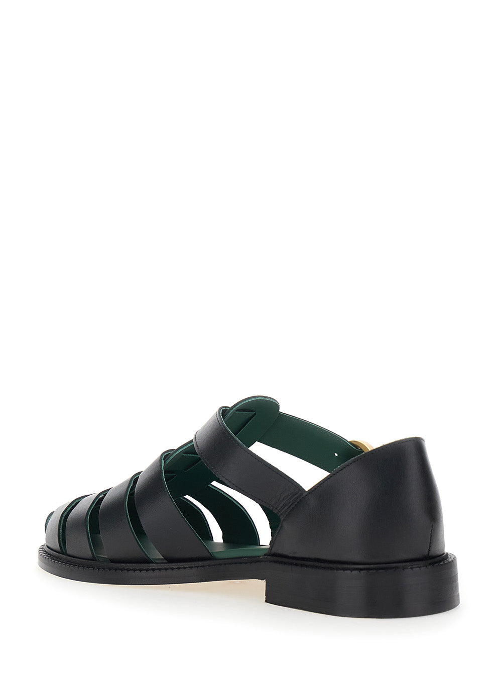 Mens Black Leather Cage Design Sandals with Buckle Closure Nappa Flat Shoes